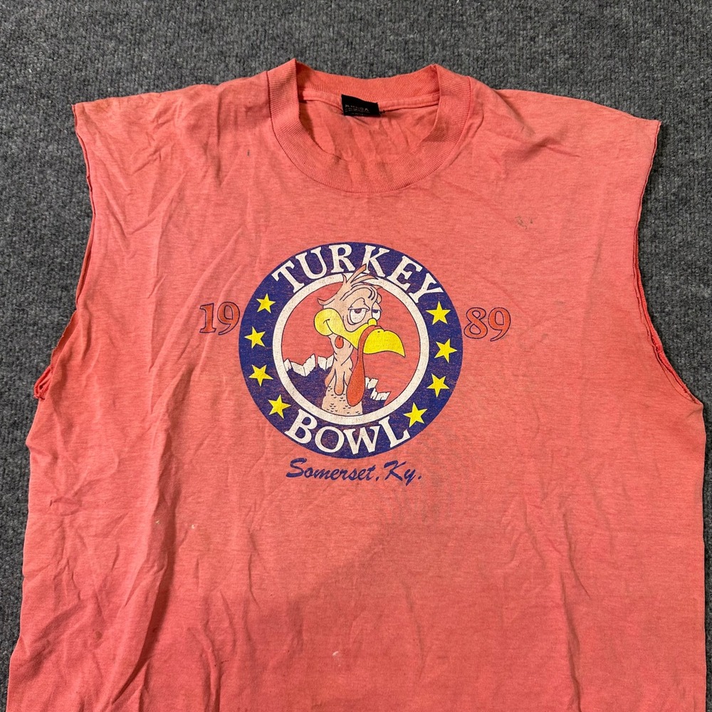 Screen Stars Muscle Tee Mens XL Orange 1989 Turkey Bowl Graphic Vintage USA Made